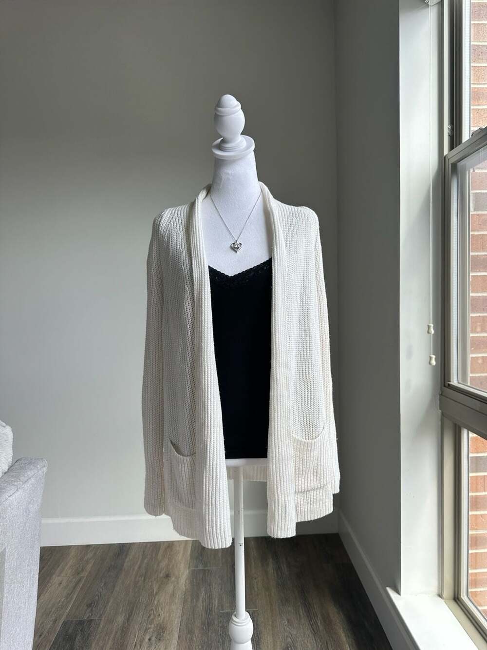 Y2K Gap Open Front Ribbed Knit Cardigan Sweater with Pockets Ivory XS